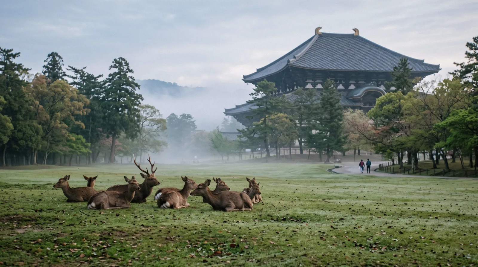 Deer resting on the lawns below the Todai-ji roofline in Nara on a day trip from Kyoto, Japan