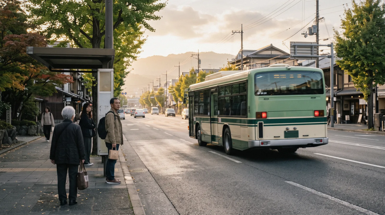 A green city bus pulling away from a stop on a wide Kyoto avenue in the afternoon, getting around Kyoto Japan