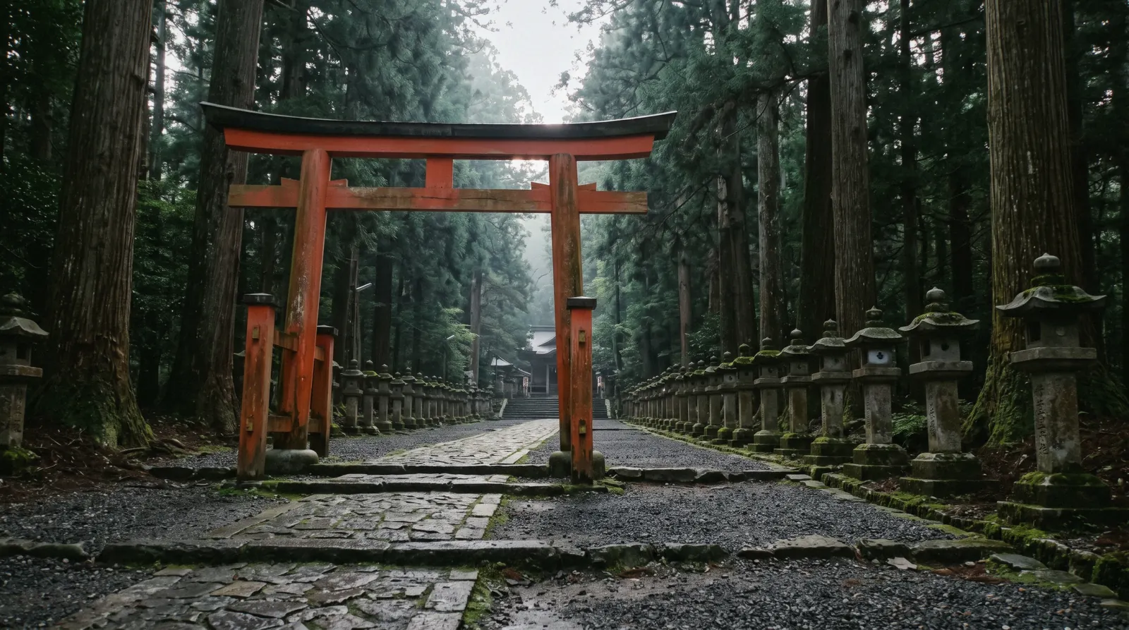 A vermilion torii and stone lanterns on a shrine approach at first light, Kyoto shrines Japan