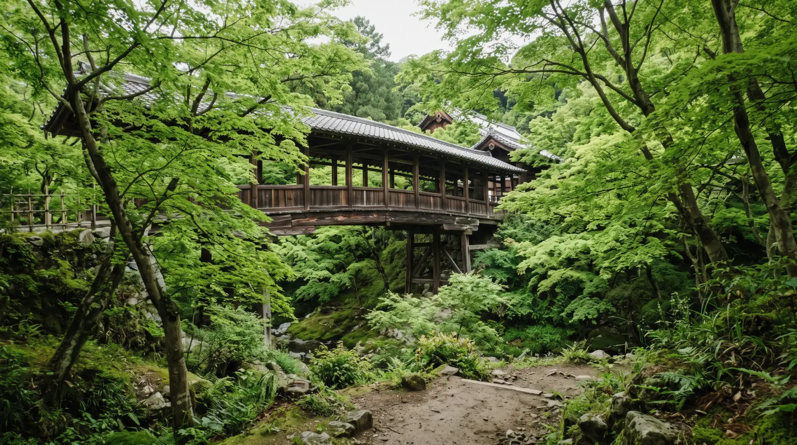 The covered Tsutenkyo bridge crossing a valley of maples in soft light, Tofuku-ji Kyoto Japan