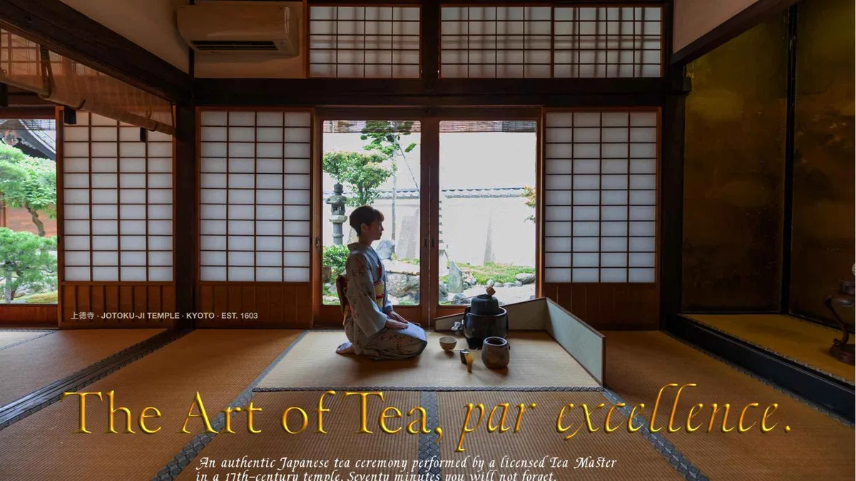 Tea master preparing matcha in the Ju-An tea room at Jotokuji Temple, Kyoto Japan